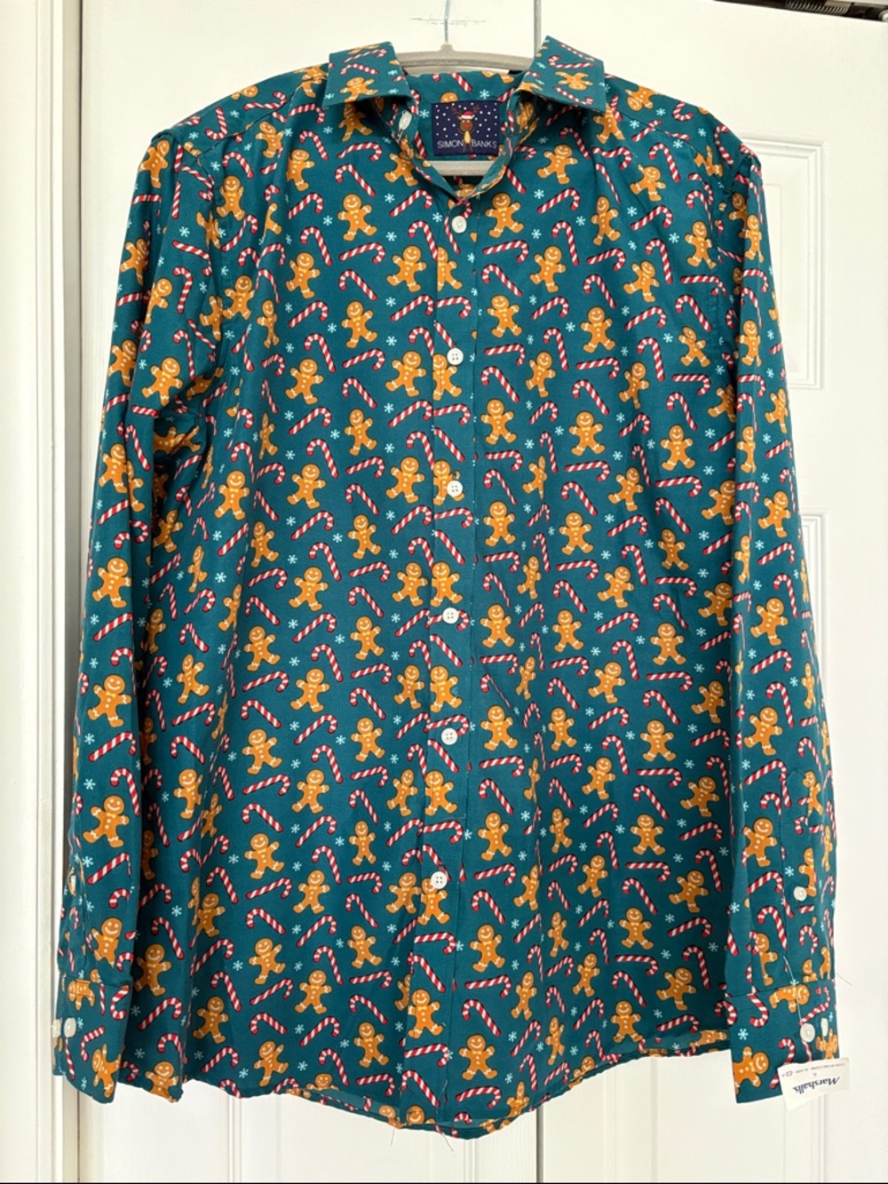 Teal Gingerbread Print Men's Button-Up Shirt SZ L